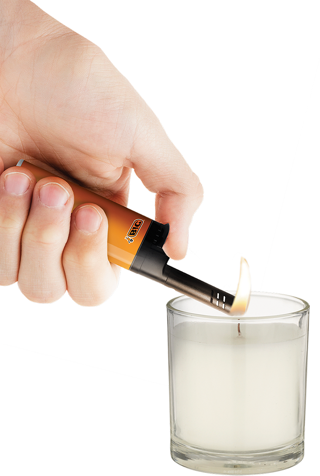 a person's hand using the ez reach lighter to light a candle